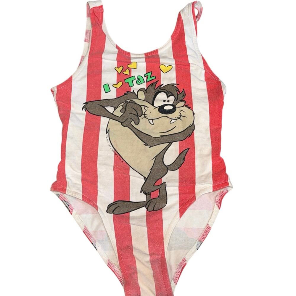 Vintage 1994 Looney Tunes Taz Striped Swimsuit Girls Size 7